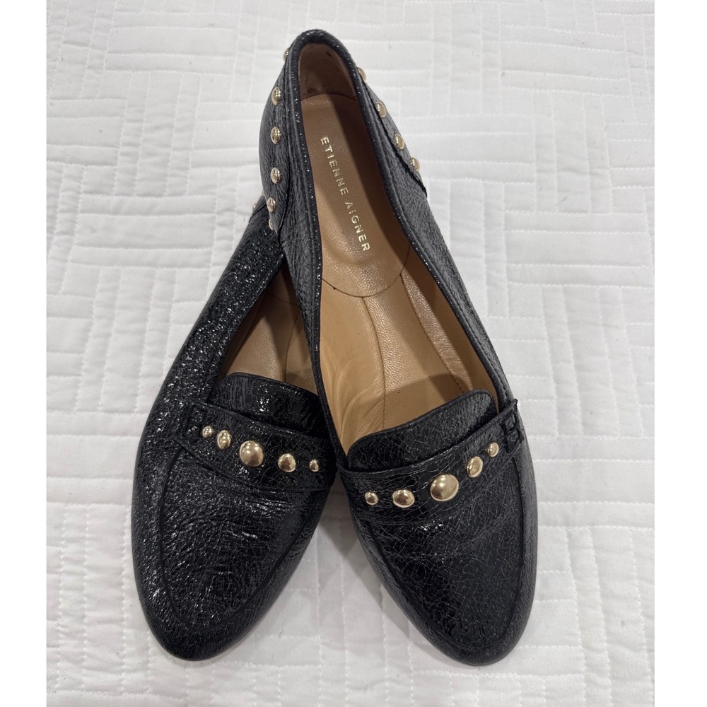 Etienne Aigner Black Crinkle Patent Studded Leather Loafers Made in Spain 8.5 M